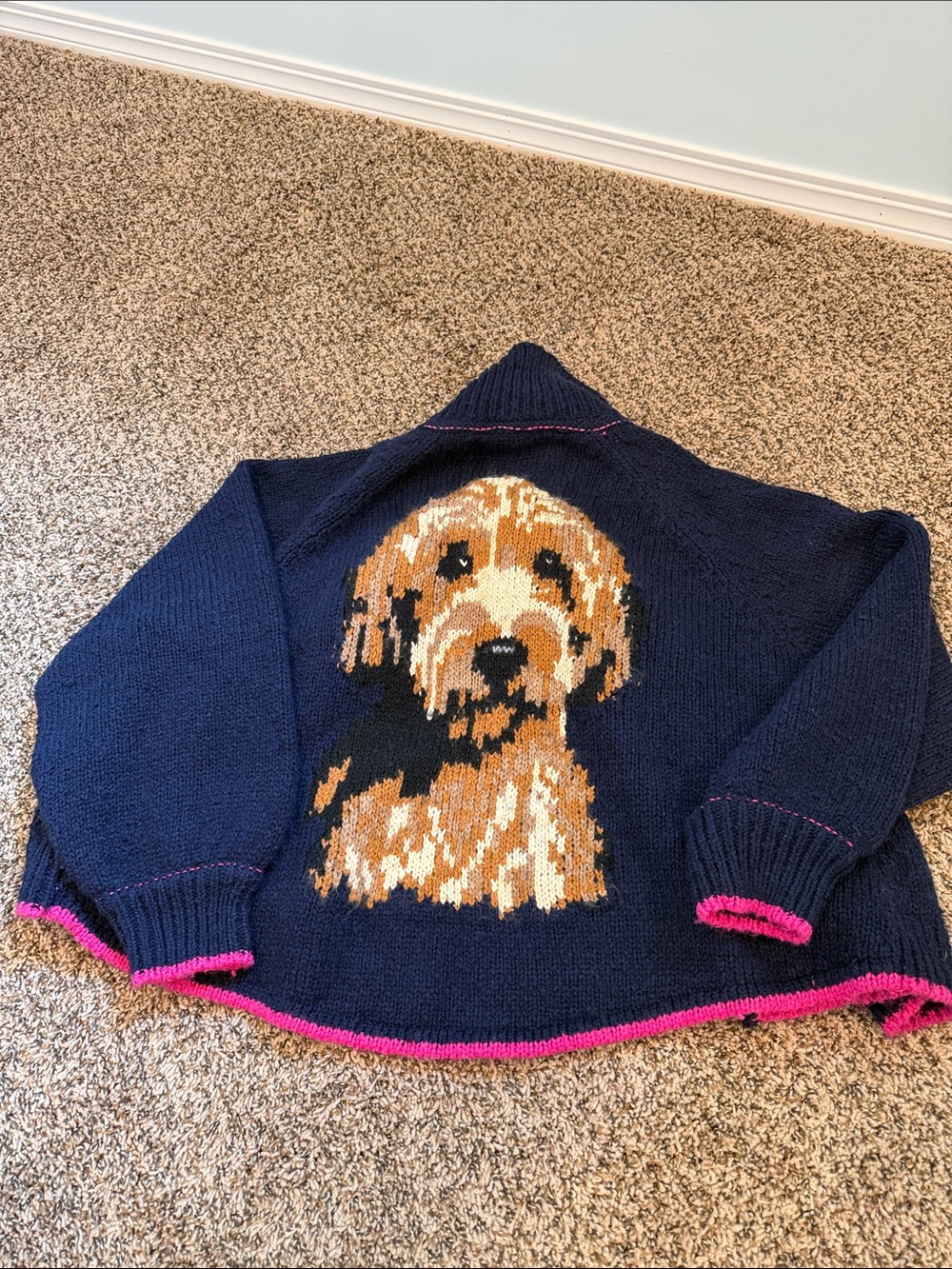 Anthropologie Navy Cardigan with Dog Intarsia and Pink Trim